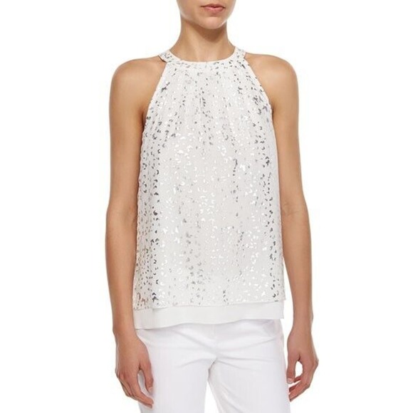 Diane Von Furstenberg Women's Parvay‎ Flutter Foil Top Sleeveless White Size 4 - Picture 3 of 15